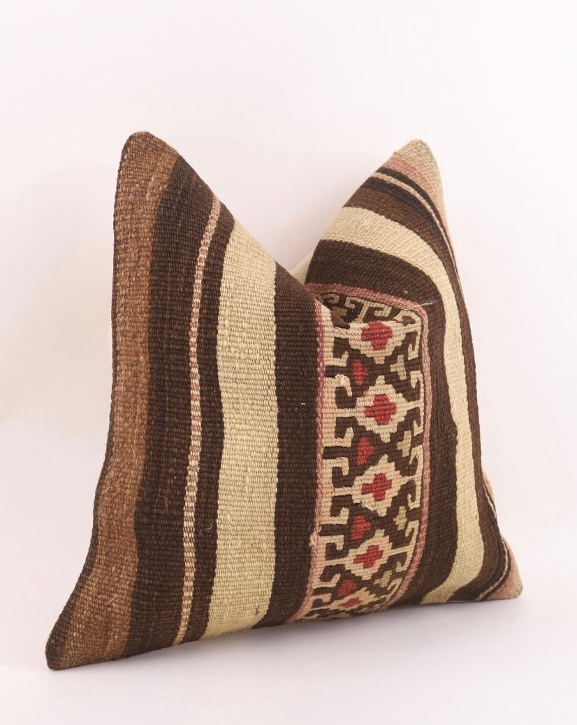 Striped Brown Vintage Turkish Kilim Cover