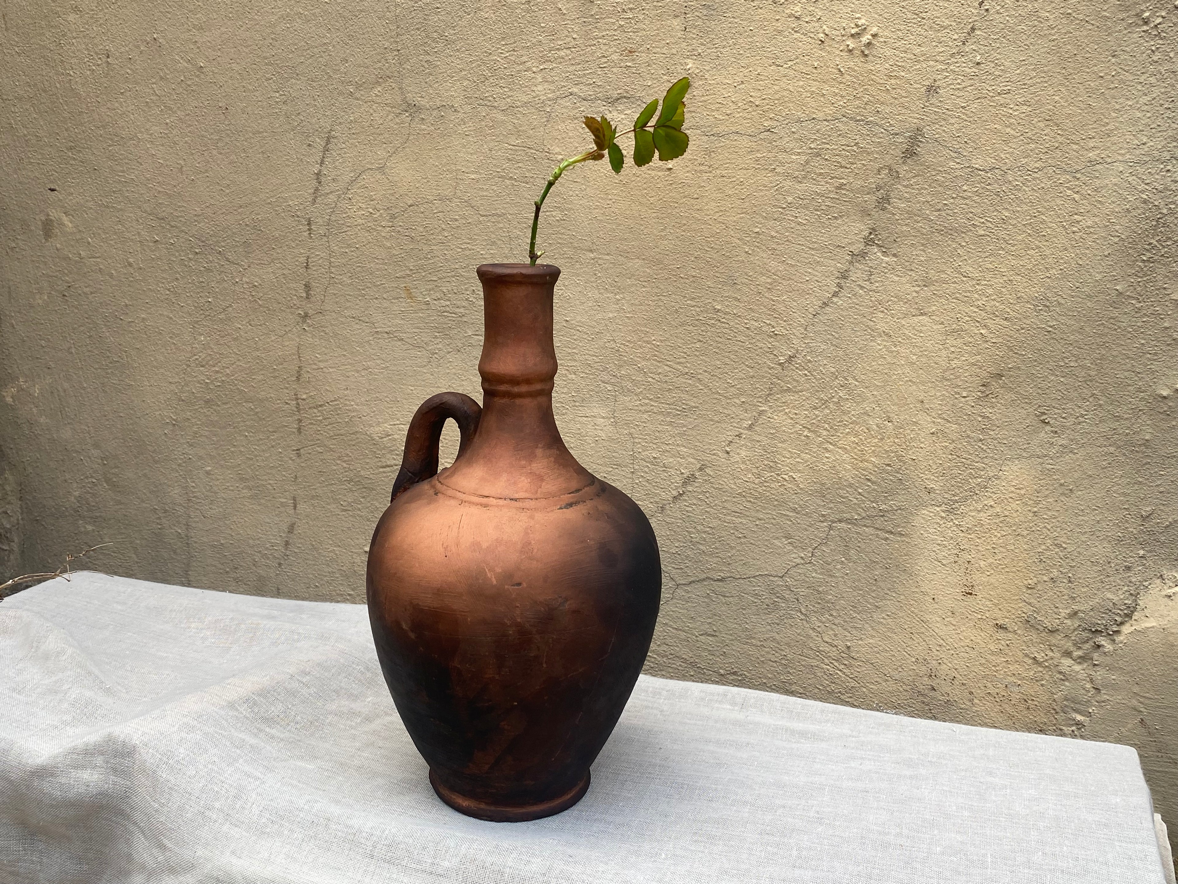 Brown Moroccan terracotta clay pitcher with a plant on a white surface against a beige wall