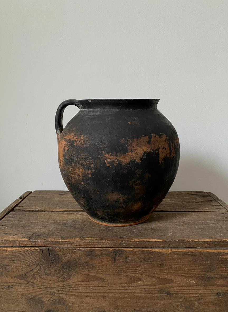 Black and brown antique terracotta clay pot on wooden bench