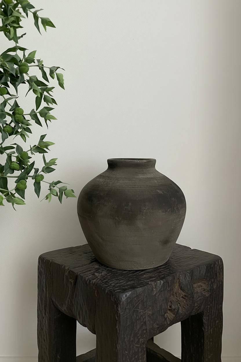 A dark gray antique clay pot with a rounded body and short neck, displayed on a rustic wooden stool against a plain off-white wall with green leaves entering from the left side.