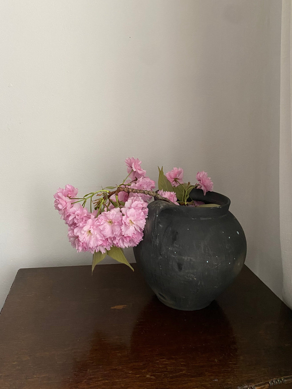 Black Antique Clay Pot with pink flowers on wooden surface