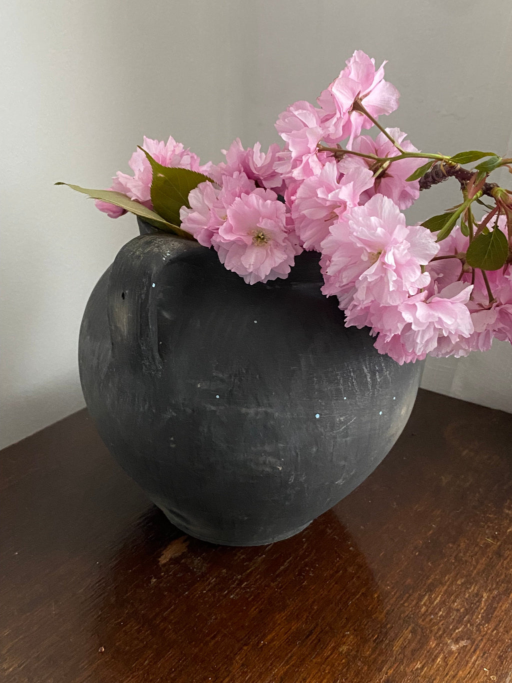 Black antique terracotta pot with pink flowers on against a wooden background