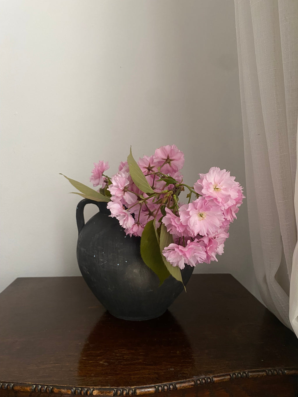 Black antique terracotta clay pot with Pink flowers on wooden desk