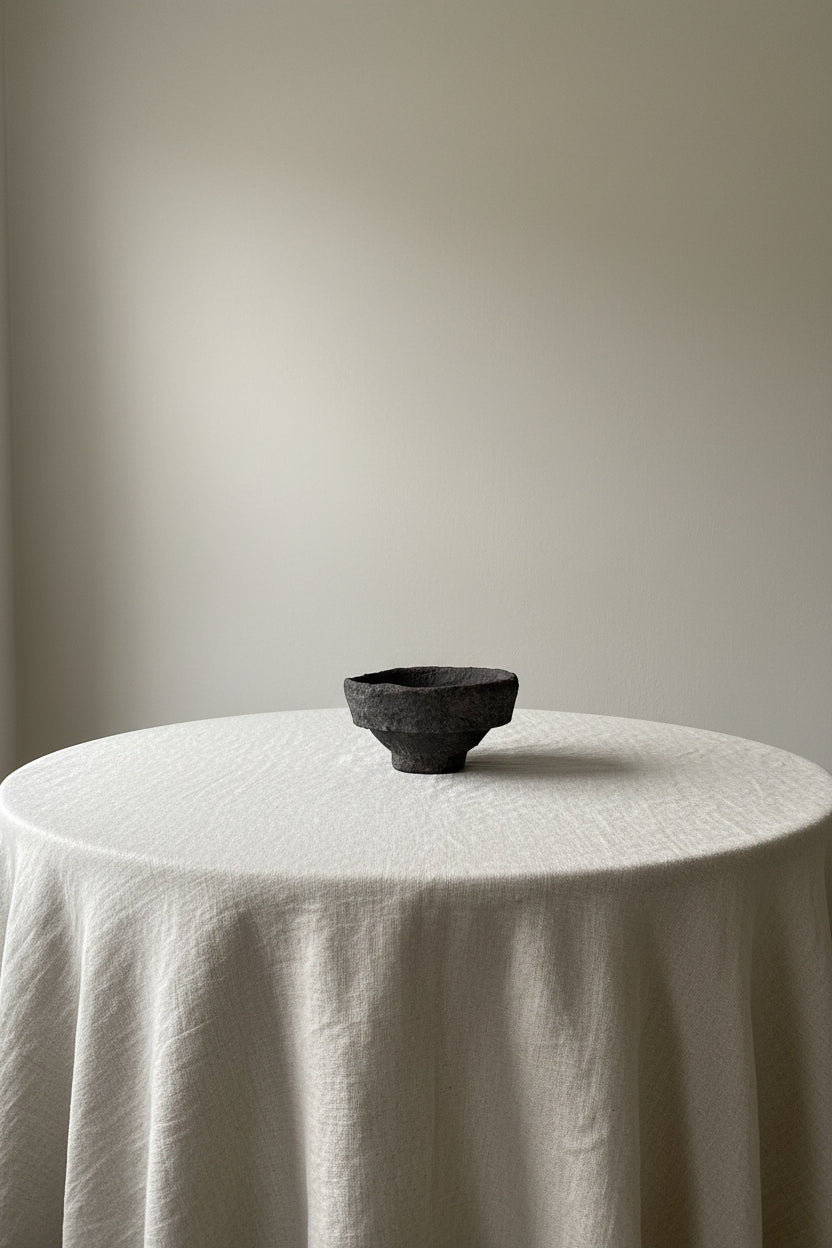 Black papermche bowl on a round table with a plain background