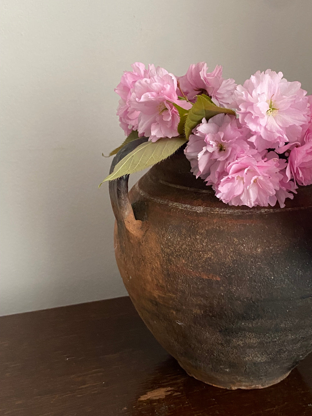 Pink flowers in a brown antique clay clay pot against a wooden table