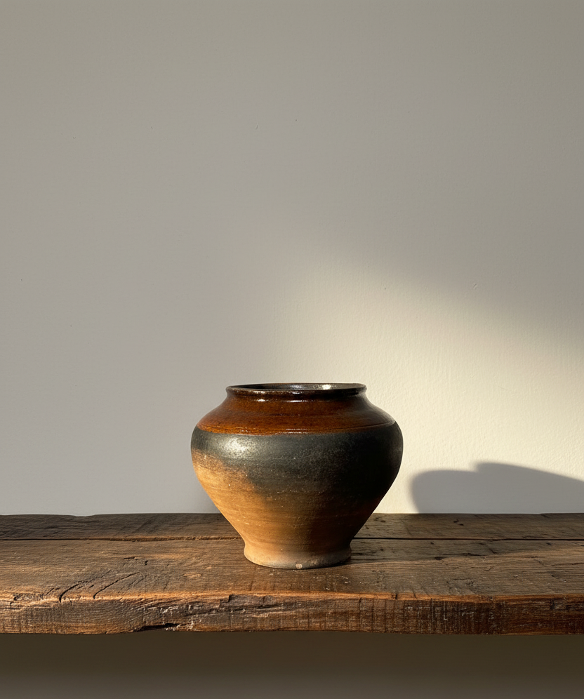 An antique hand-thrown small antique clay pot with a rich terracotta base, featuring subtle age-related textural changes and a rustic appearance.