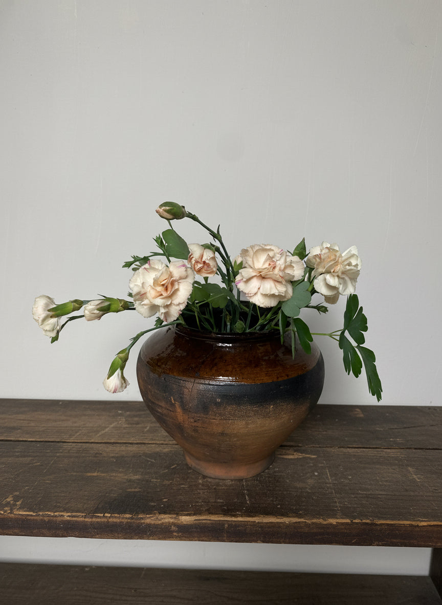 Antique Clay Pot with flowers on a white background