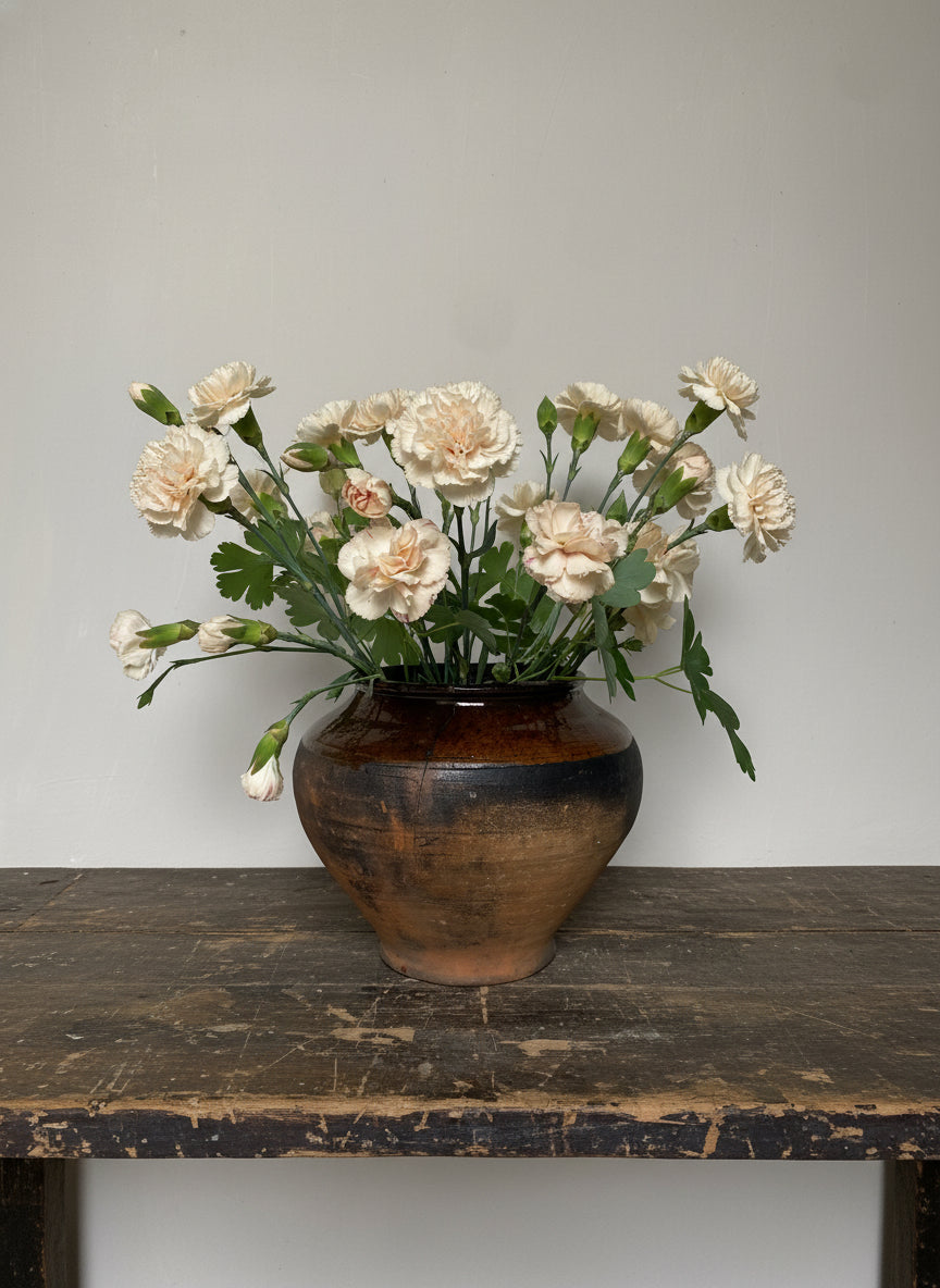 Small flower pot-floral arrangement in an antique clay pot vase against a plain background
