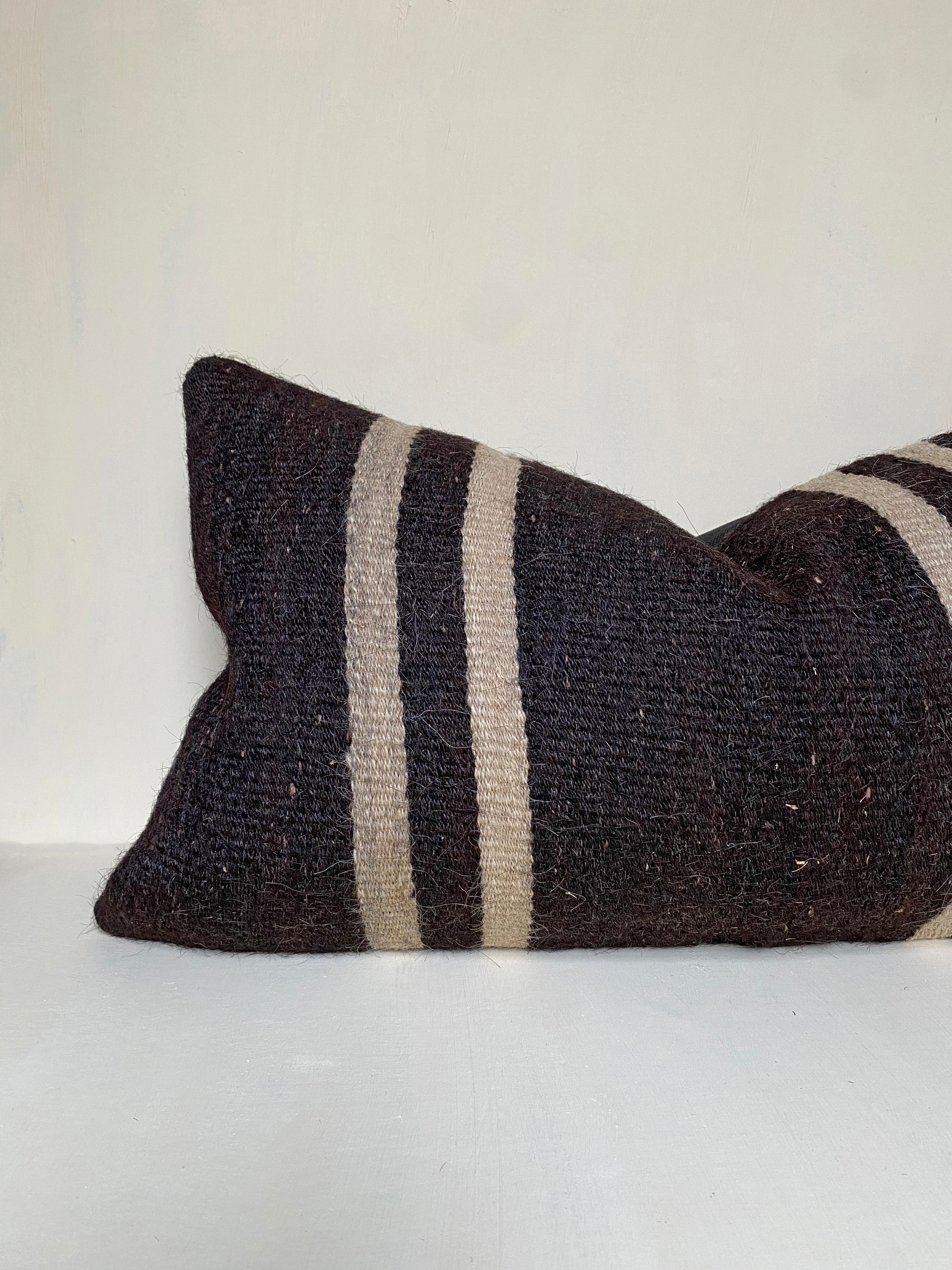 Brown Turkish Kilim Pillow Cover with beige stripes