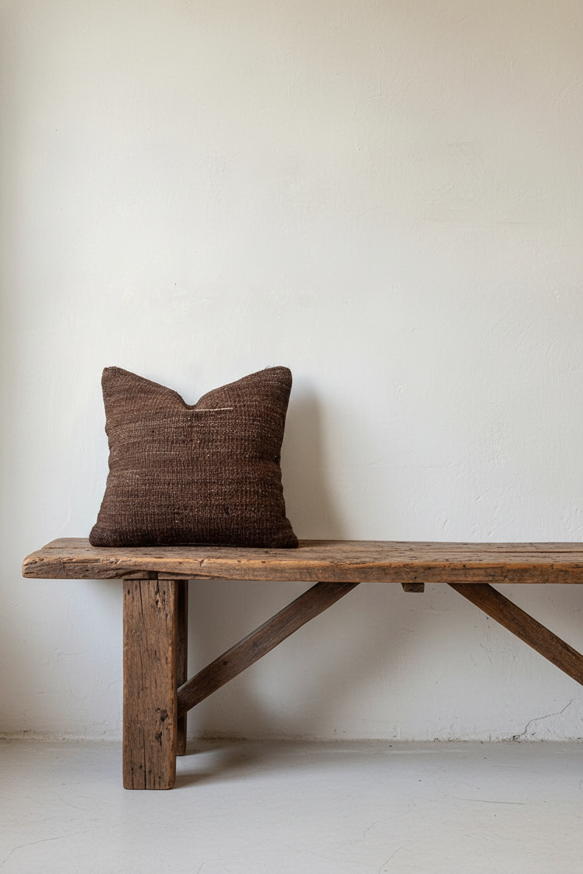 Brown woven Turkish Kilim Pillow Cover on a wooden bench against a white wall