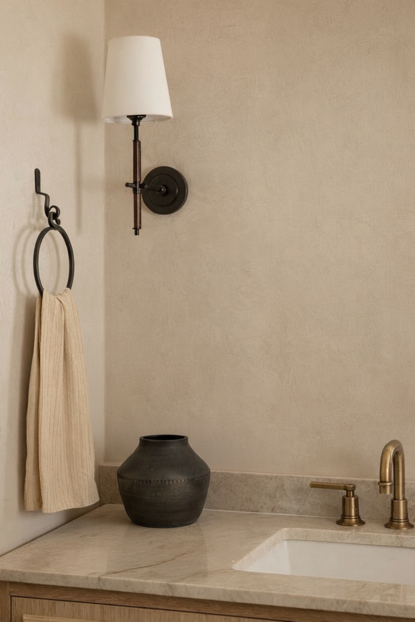 Minimalist bathroom with white linen towel and ceramic vase
