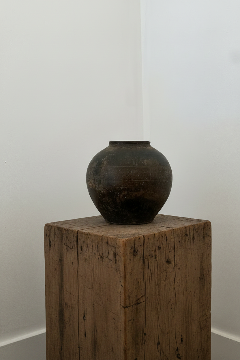 A dark brown antique clay pot, round with a weathered, rustic finish sits on a matching dark wooden stool in a minimalist room with white walls.