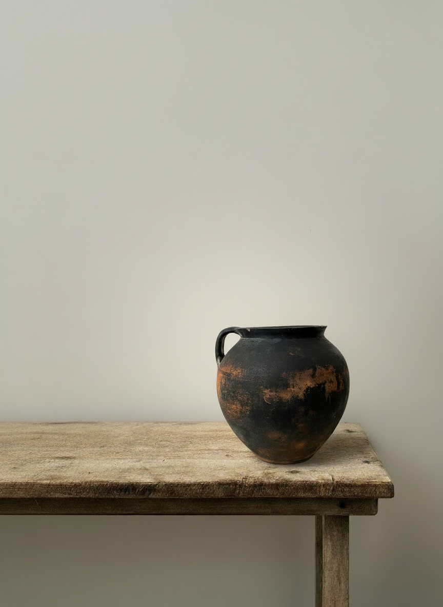 Ancient pottery vessel on rustic table