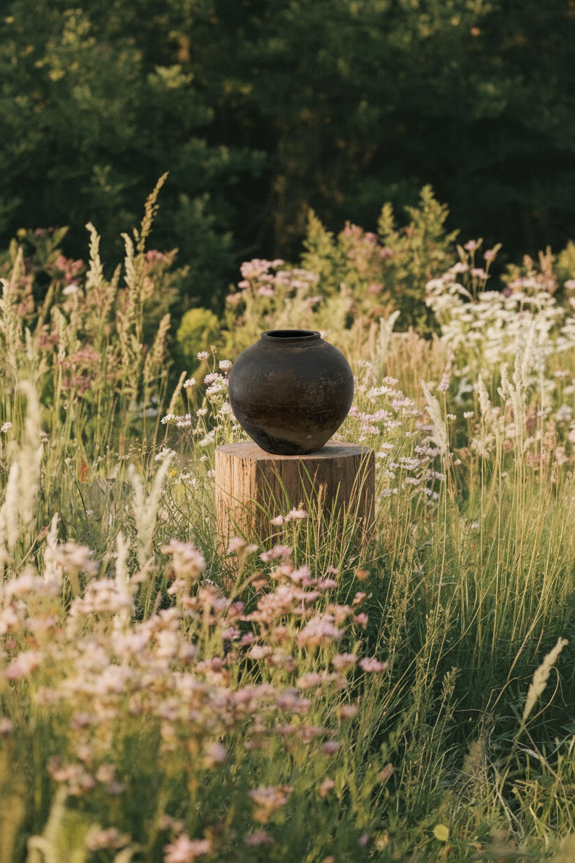Antique vase in wildflower meadow