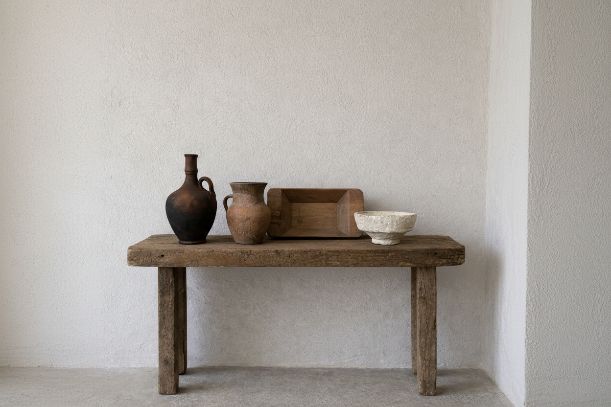 Antique vessels on bench straight view