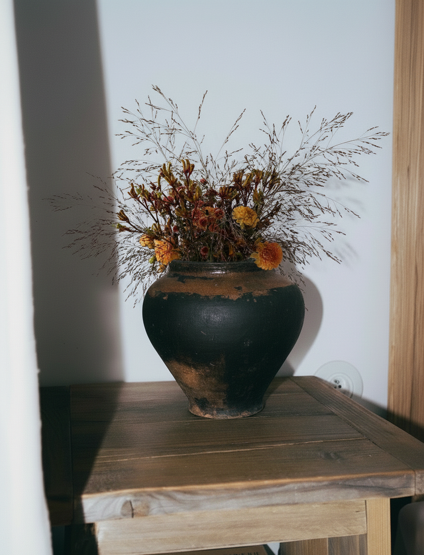 Dark clay pot with wild flower arrangement on rustic table