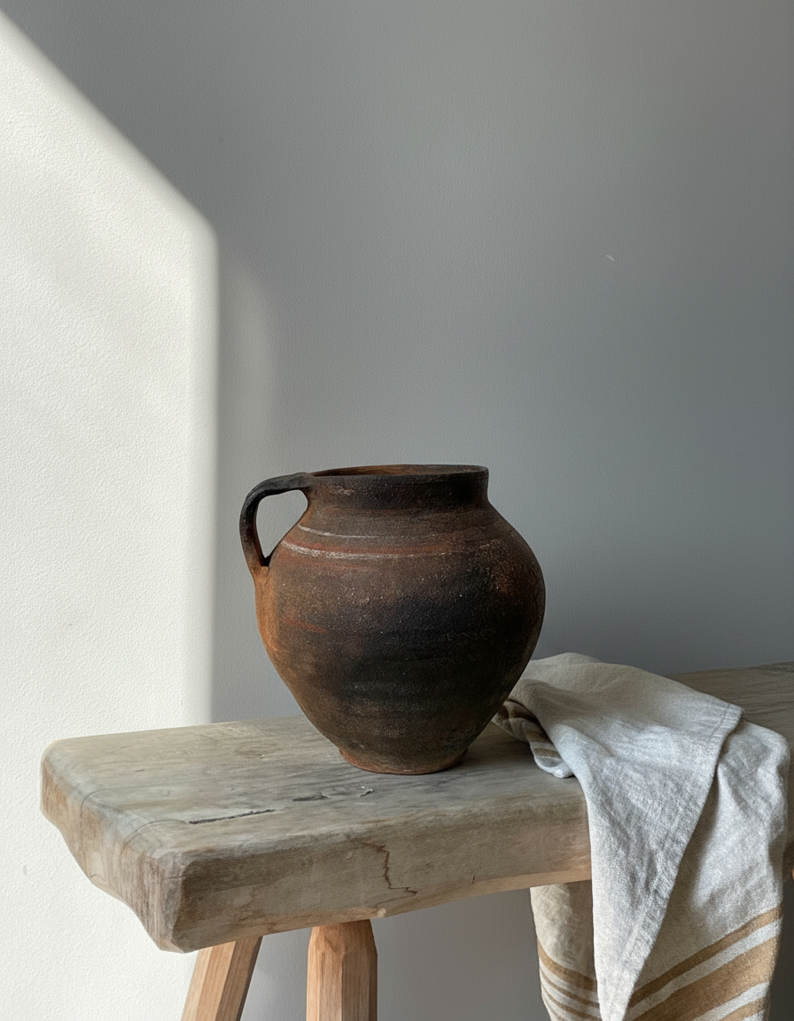 Rustic clay pot on wooden bench