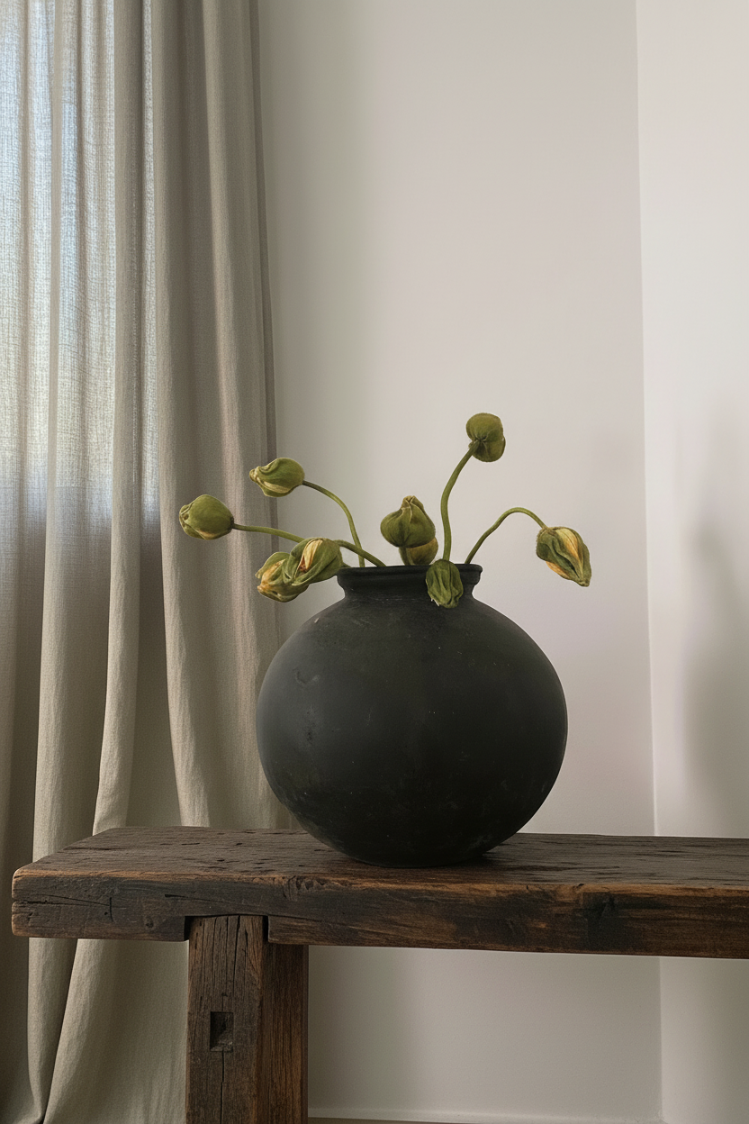 terracotta clay vessel with dried tulips - portrait composition