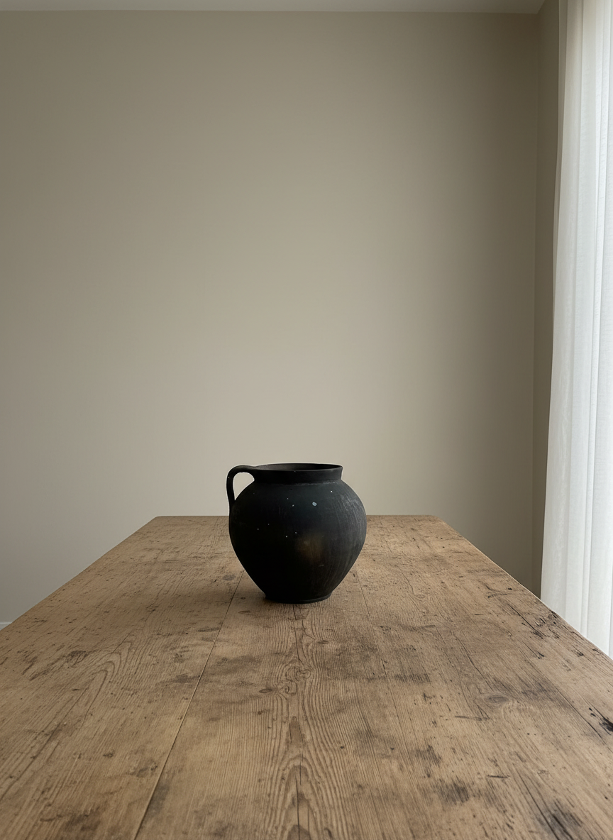 Wide shot of black clay pot on table