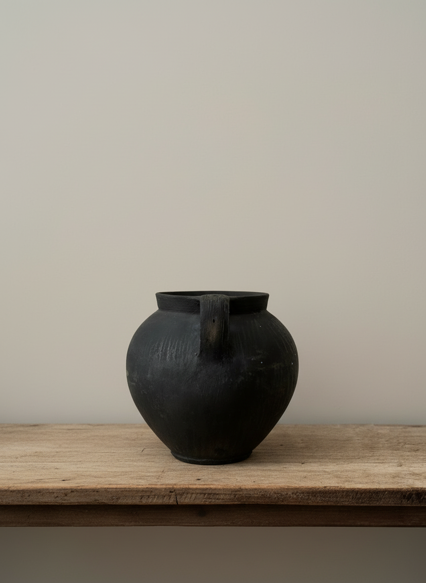 Wooden table scene with front-facing vessel